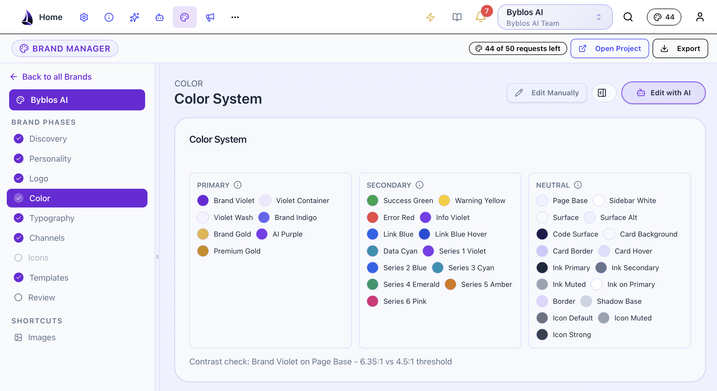 Brand Manager workspace showing a structured brand color system
